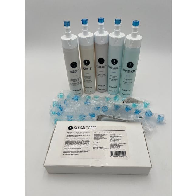 Hydrafacial Treatment Pack (tall bottles) Glysal Prep 7.5%, Activ4, Extract, Antiox+, Rinseaway & 45 Tips Hydratreament Pack for Sale - Offer Aesthetic